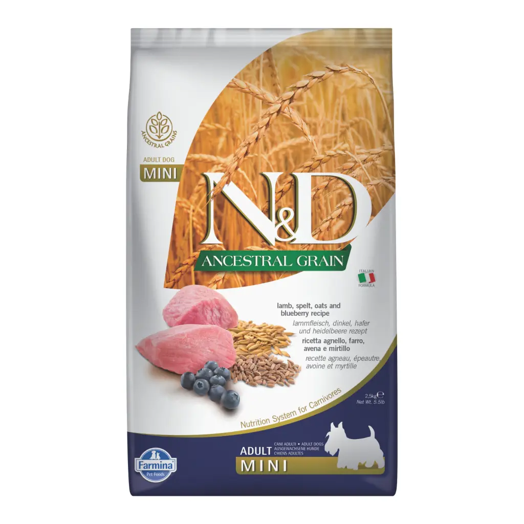 Ürün görseli: N&D Ancestral Grain Düşük Tahıllı Kuzu Etli ve Yaban Mersinli 2.5 kg Küçük Irk Yetişkin Köpek Maması