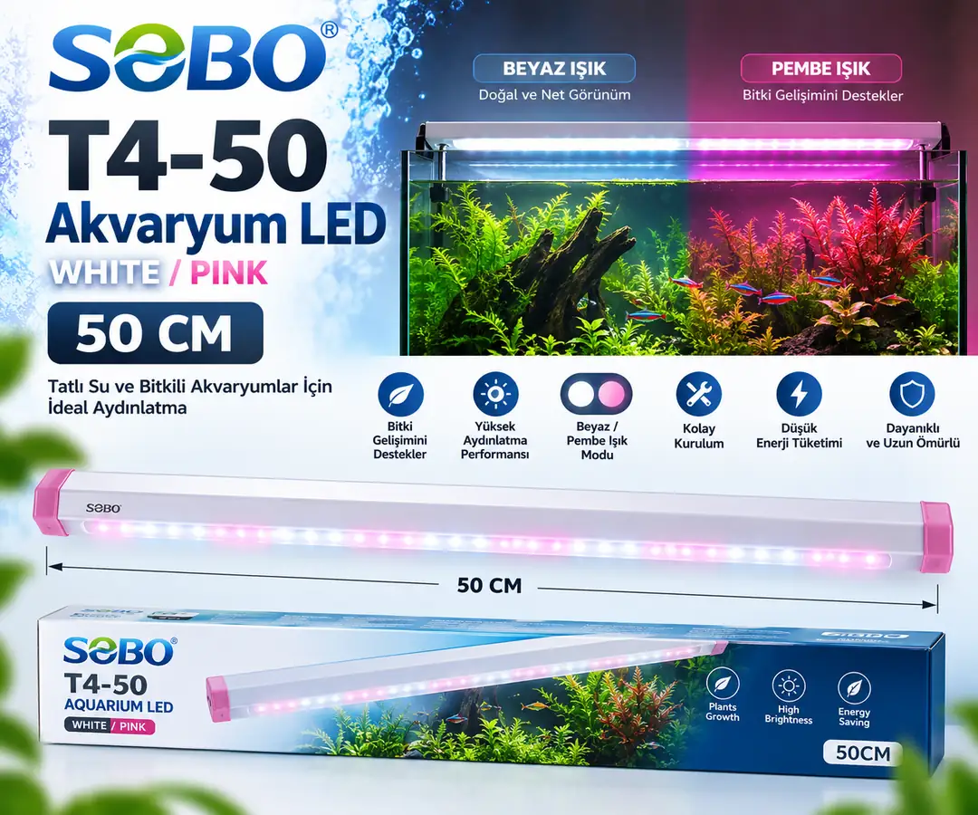 Ürün görseli: SOBO T4-50 White Su Altı /Pink Akvaryum LED Beyaz/Pembe 50 CM