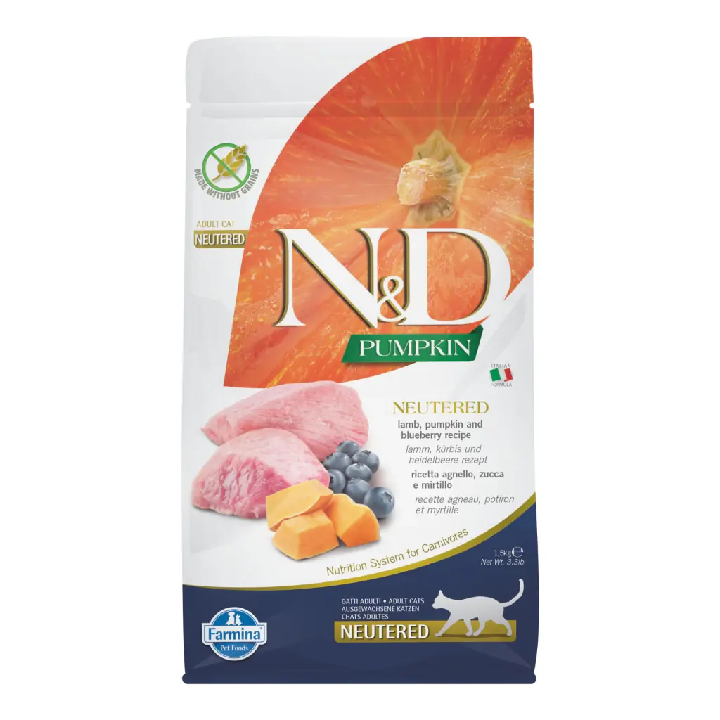 Ürün görseli: N&D Pumpkin Balkabaklı Kuzu Etli ve Yaban Mersinli Kısırlaştırılmış 1.5 kg Kedi Maması