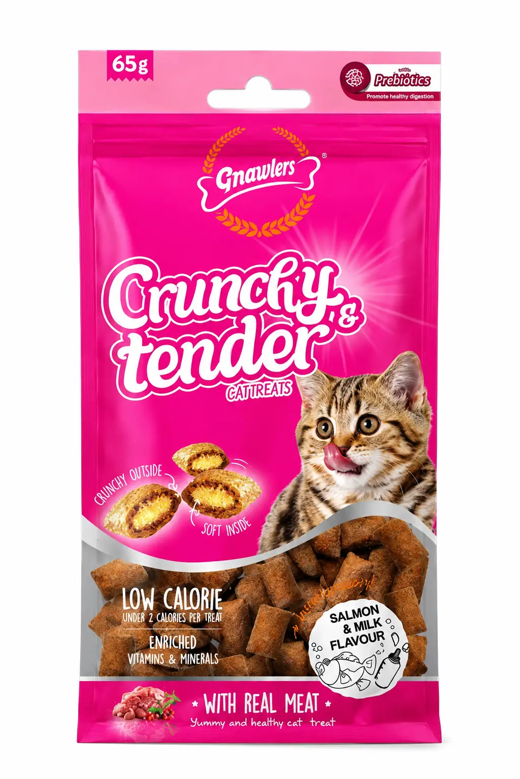 Ürün görseli: Gnawlers Crunchy Somonlu ve Sütlü Prebiotik Destekli Kedi Ödül Maması 65gr