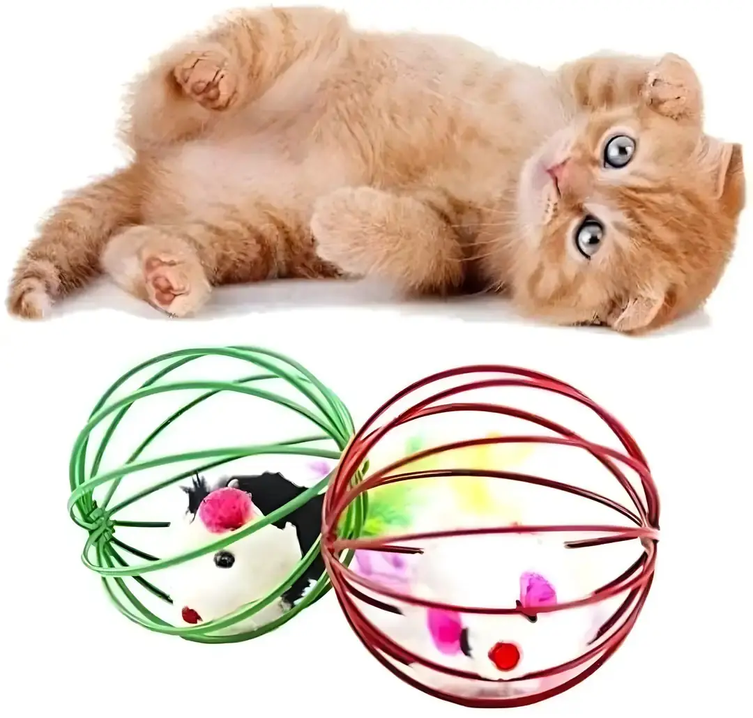 Peluş Fareli Tel Kafesli Kedi Oyuncağı