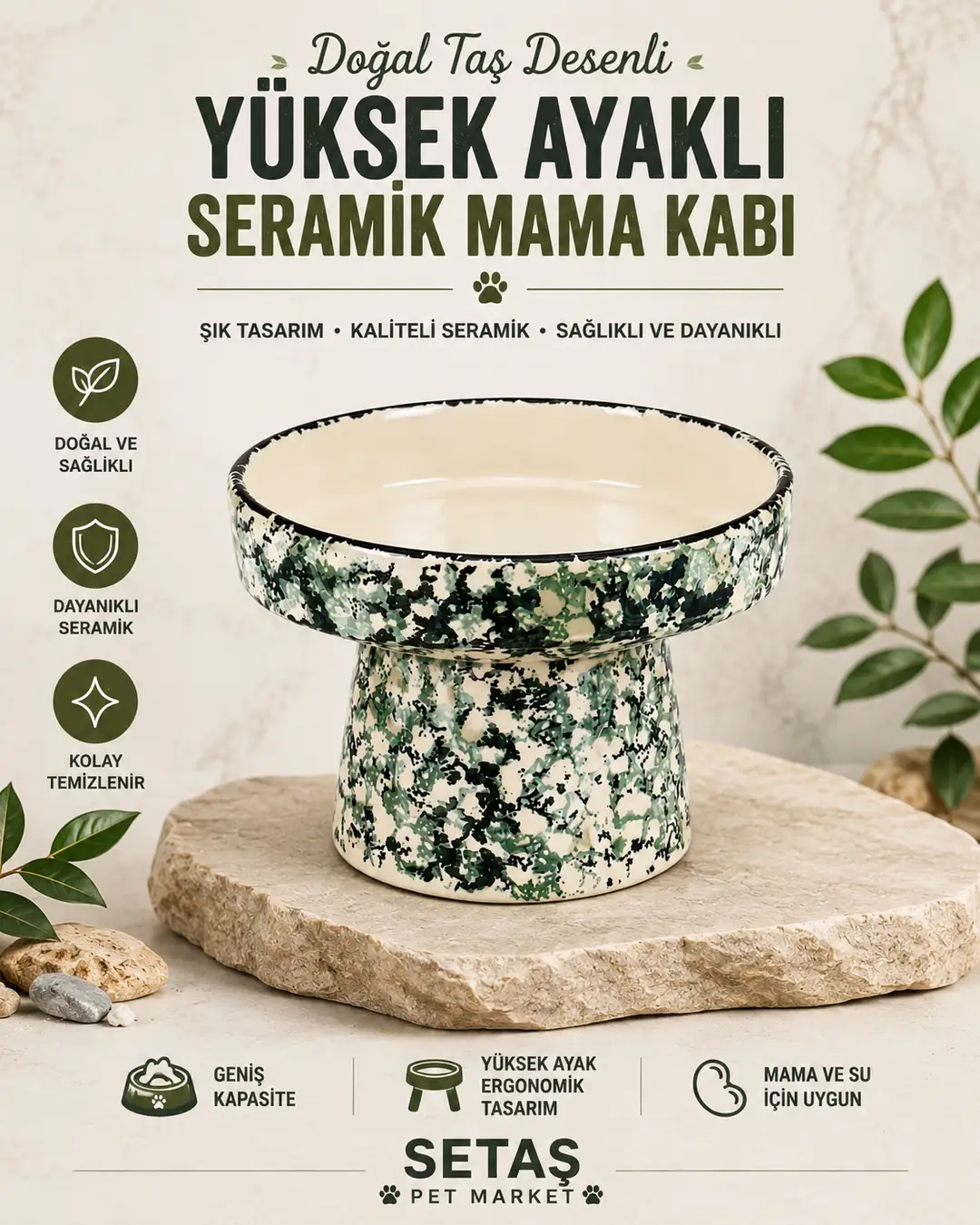 Ürün görseli:  Yeşil Doğal Taş Desenli Yüksek Ayaklı Seramik Mama ve Su Kabı