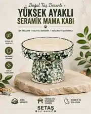 Yeşil Doğal Taş Desenli Yüksek Ayaklı Seramik Mama ve Su Kabı