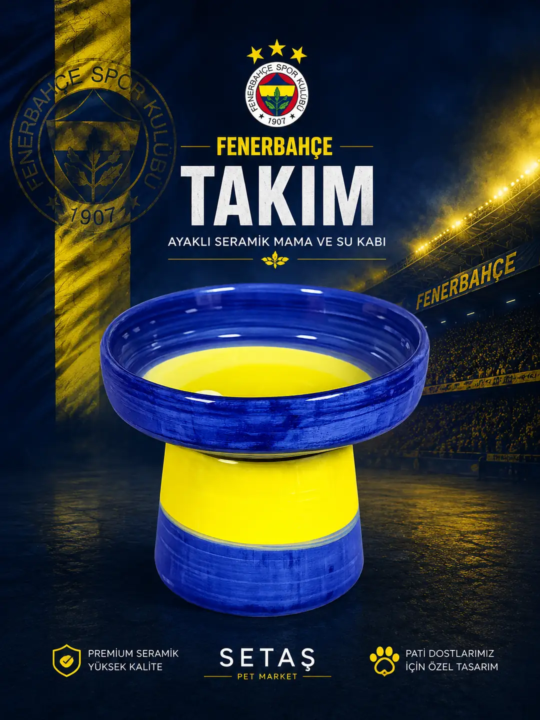 Ürün görseli: Sarı Lacivert Ayaklı Seramik Mama Kabı – Fenerbahçe Taraftar Serisi
