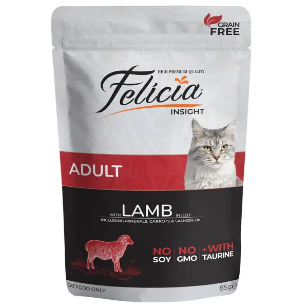 Ürün görseli: Felicia Jöle İçinde Kuzu Etli Taurinli Tahılsız Yetişkin Kedi Konservesi 85gr