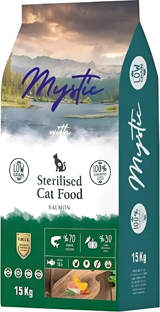 Ürün görseli: Mystic Az Tahıllı Somonlu Kısırlaştırılmış Kedi Maması 15 kg