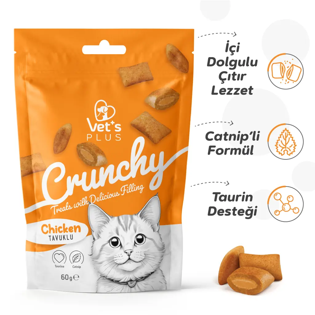 Ürün görseli: Vet's Plus Crunchy İçi Dolgulu Tavuklu ve Catnipli Kedi Ödül Bisküvisi 60gr
