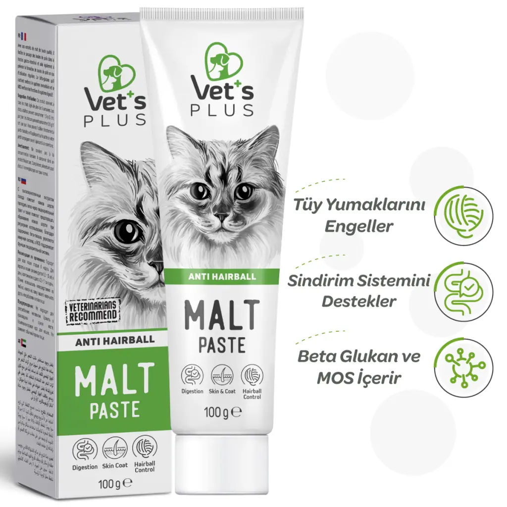 Ürün görseli: Vet's Plus Anti-Hairball Tüy Yumağı Önleyici Malt Kedi Macunu 100gr