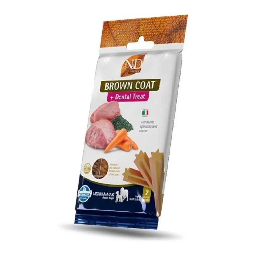 Ürün görseli: N&D Brown Coat Kuzu Spirulina ve Havuçlu Orta ve Büyük Irk Yetişkin Köpek Ödül Maması 100gr (7'li)