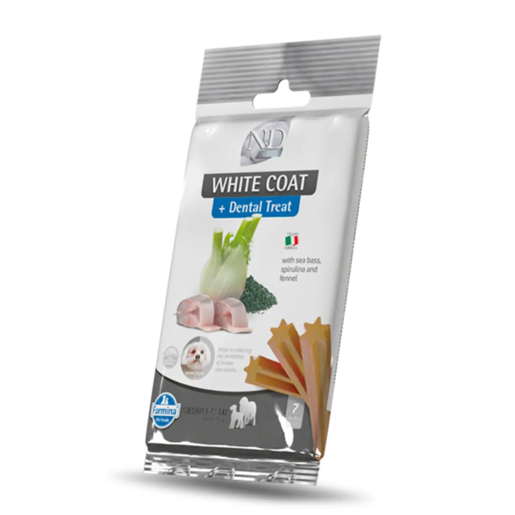 Ürün görseli:  N&D White Levrek Spirulina ve Rezeneli Orta ve Büyük Irk Yetişkin Köpek Ödül Maması 100gr (7'li)