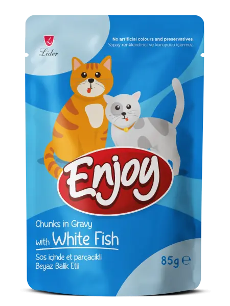 Ürün görseli: Enjoy Sos İçinde Et Parçacıklı Beyaz Balıklı Yetişkin Kedi Pouch Maması 85 gr x 22 Adet