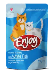 Enjoy Sos İçinde Et Parçacıklı Beyaz Balıklı Yetişkin Kedi Pouch Maması 85 gr x 22 Adet