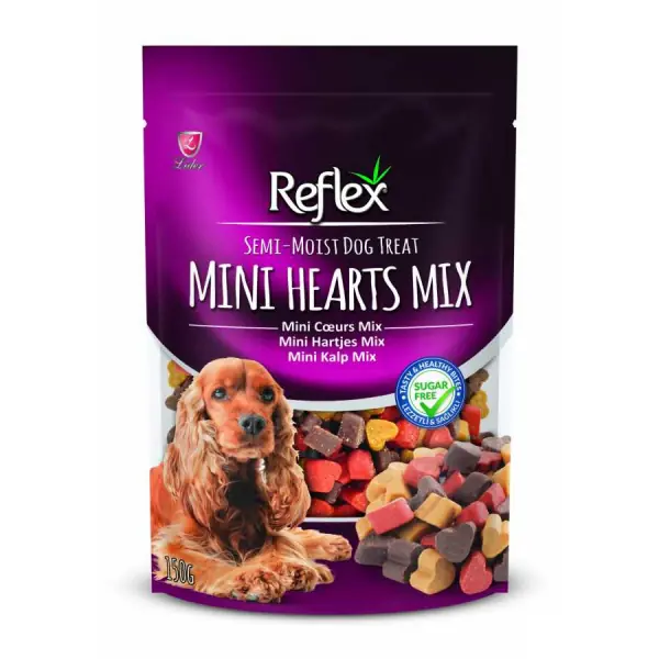 Ürün görseli: Reflex Karışık Renkli Mini Kalpli Yarı Yumuşak Köpek Ödül Maması 150gr
