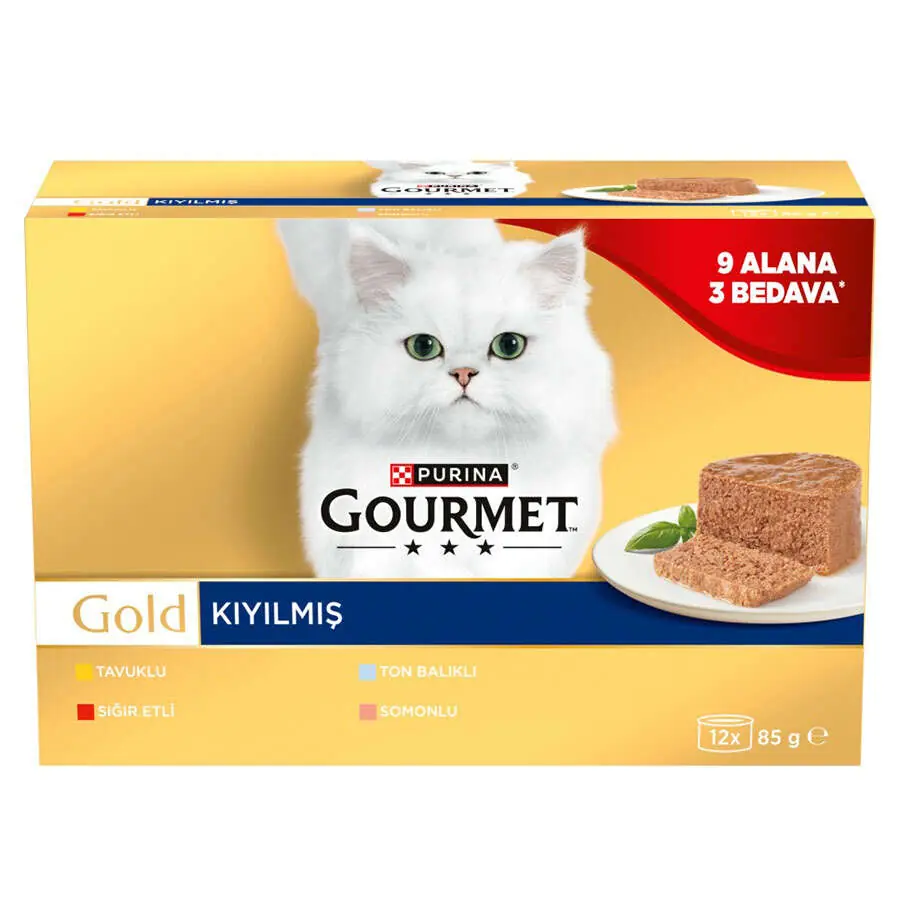 Ürün görseli: Gourmet Gold Kıyılmış Tavuklu , Somonlu, Sığır Etli, Ton Balıklı Yaş Kedi Maması 85 gr. (12 Al 9 Öde)