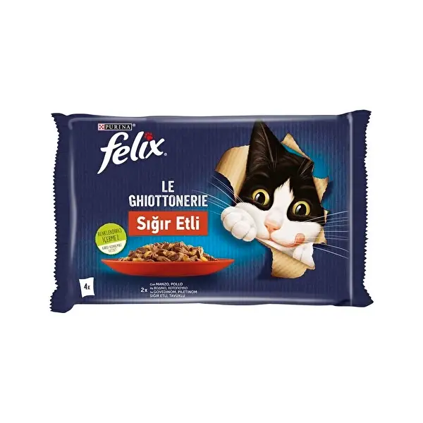 Ürün görseli: Felix Sığır Etli ve Tavuklu 4x85 gr 12'li Yetişkin Kedi Yaş Maması