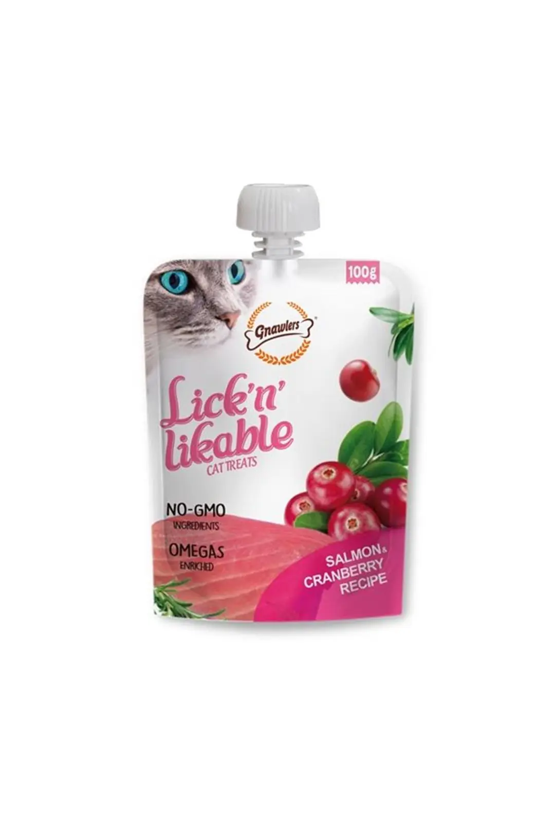 Ürün görseli: Gnawlers Somon ve Kızılcıklı Krema Kedi Ödül Maması 100gr x 8 Adet