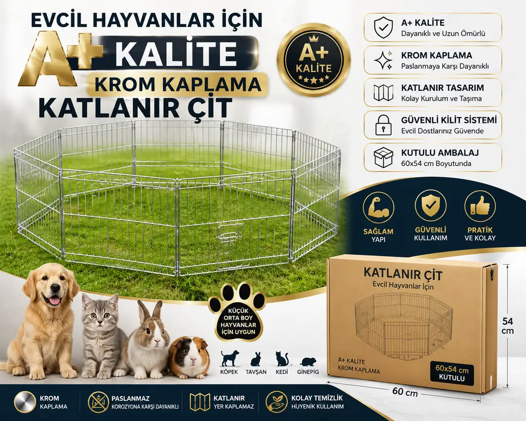 Ürün görseli: Evcil hayvanlar İçin A+ Kalite , Krom Kaplama Katlanır Çit ( 60x54 Kutulu )