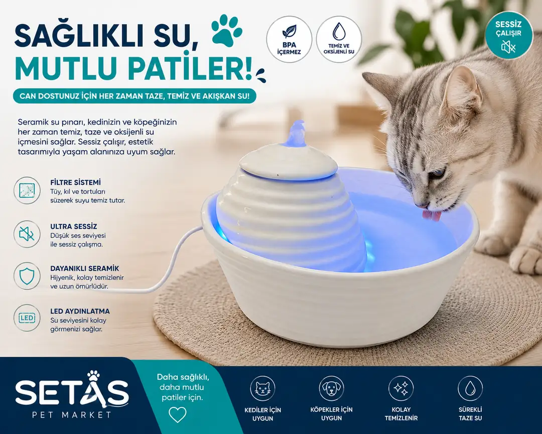 Ürün görseli: Setaş Seramik Kedi Su Pınarı – Otomatik Su Sebili, Filtreli, LED Işıklı, Ultra Sessiz