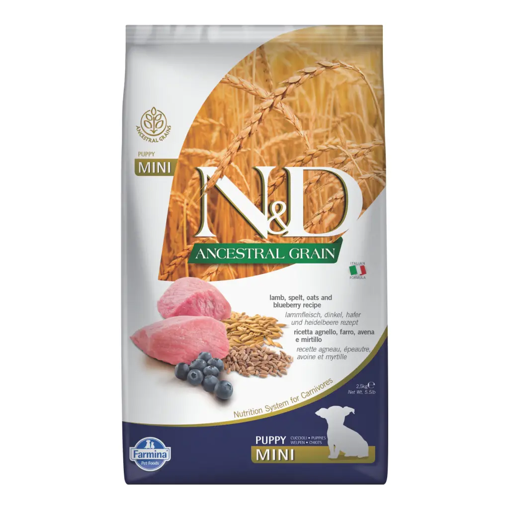 Ürün görseli: N&D Ancestral Grain Kuzu Etli ve Yaban Mersinli Küçük Irk Ata Tahıllı Yavru Köpek Maması 2,5kg