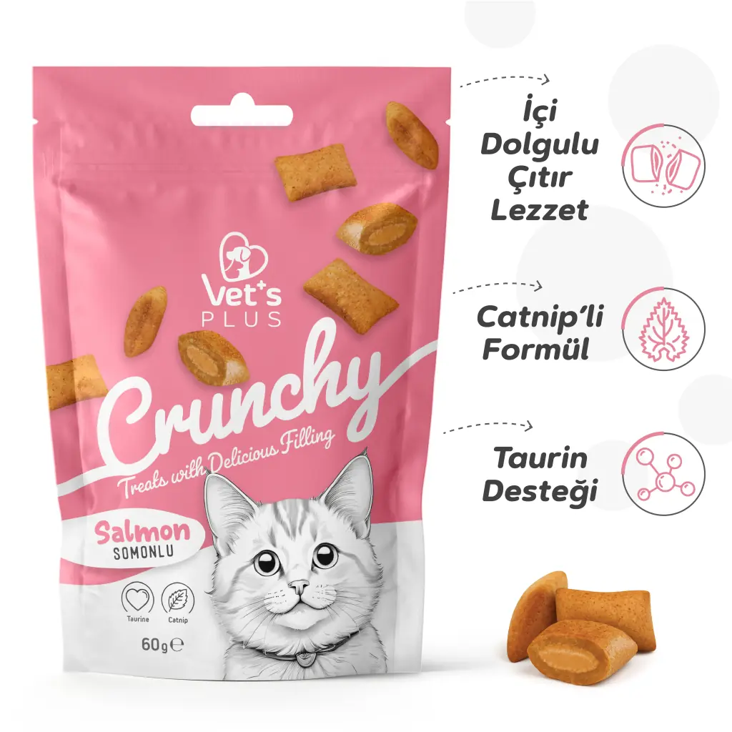 Ürün görseli: Vet's Plus Crunchy İçi Dolgulu Somonlu ve Catnipli Kedi Ödül Bisküvisi 60gr