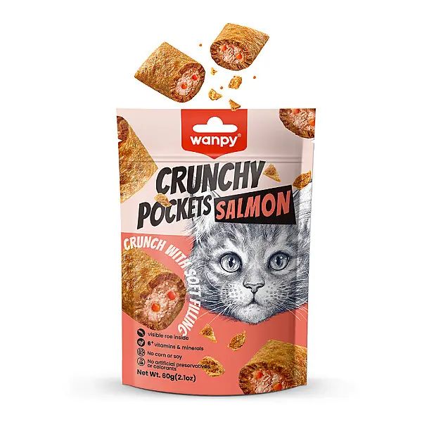 Ürün görseli: Wanpy Kedi Crunch Ödül Somon & Havyar 60g - 10'lu