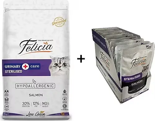 Ürün görseli: Felicia Somonlu Light Sterilised Kedi Maması 2 kg + 12 Adet Felicia Somonlu Kısır Yaş Mama 85 gr