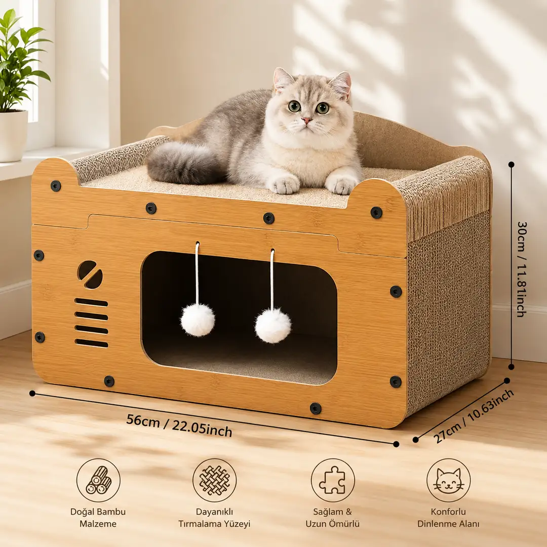 Ürün görseli: Setaş Ahşap Kedi Evi – Tırmalamalı ve Oyunlu Dinlenme Alanlı 56x27x30 cm
