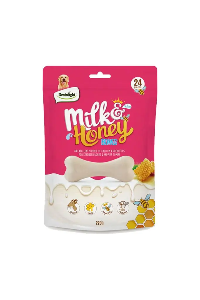 Ürün görseli: Dentalight Milk & Honey Bones Köpek Ödül Kemiği 220 Gr