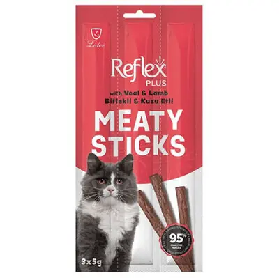 Ürün görseli: Reflex Cat Stick Biftek ve Kuzu Etli Tahılsız Kedi Ödül Çubukları 5 Gr x 3 Stick