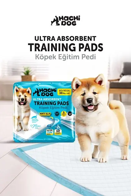 Ürün görseli: Hachi Dog Köpek Eğitim Çiş Pedi 60x90 Kaydırmaz Bantlı 30 lu