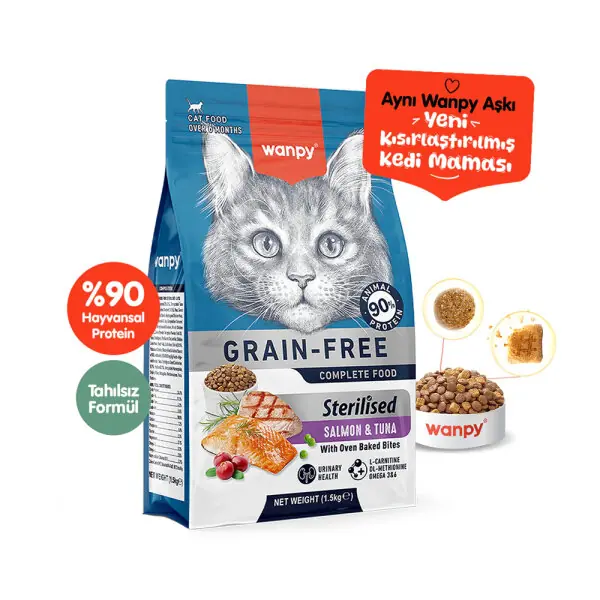 Ürün görseli: Wanpy Tahılsız Somon&Tuna Kısırlaştırılmış Kedi Maması 1,5 kg
