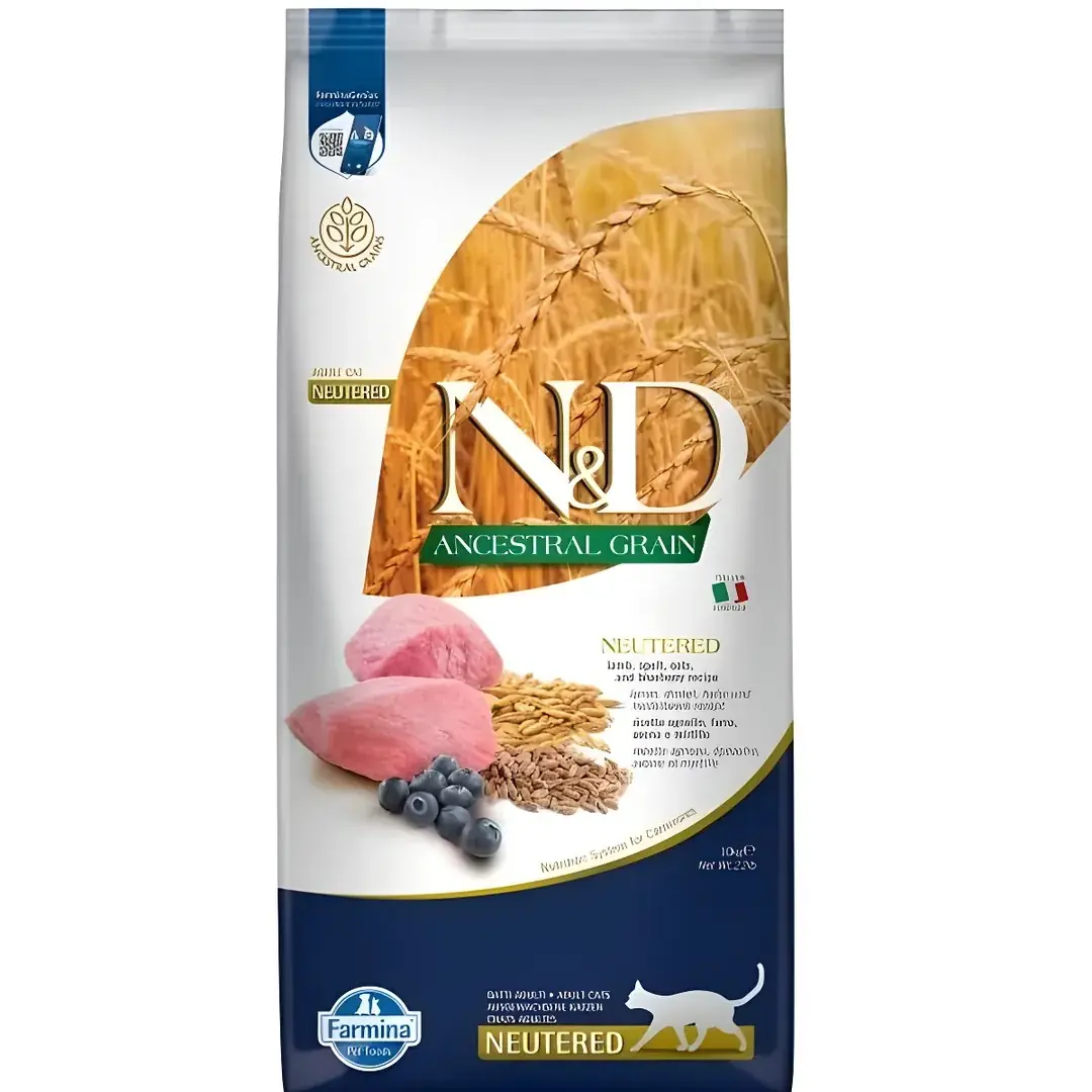 Ürün görseli: N&D Ancestral Grain Kuzu Etli ve Yaban Mersinli Ata Tahıllı Kısırlaştırılmış Kedi Maması 10kg