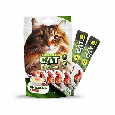 Ürün görseli: EuroGold Cat Sıvı Kedi Ödülü Tavuk - Ciğer 5x15Gr - 12 Paket