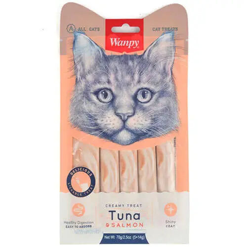 Ürün görseli: Wanpy Creamy Treat Ton Balık ve Somonlu Likit Creamy Kedi Ödülü 5Li Paket (5 x 14 Gr)