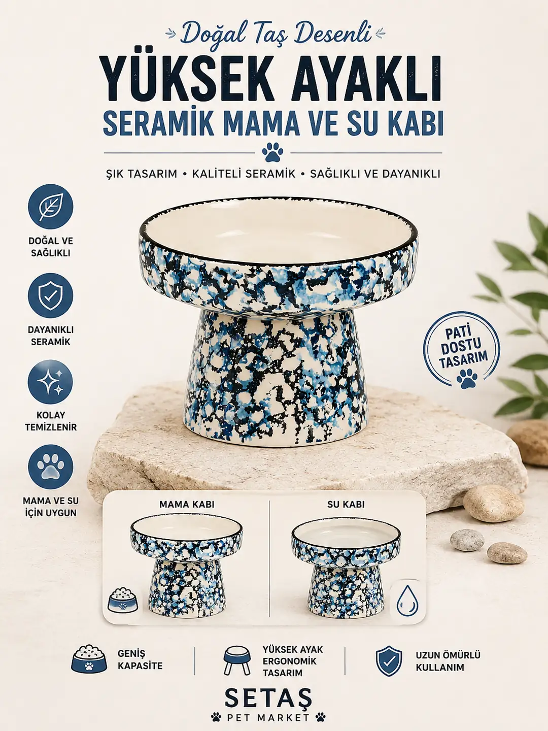 Ürün görseli: Mavi Doğal Taş Desenli Yüksek Ayaklı Seramik Mama ve Su Kabı