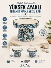 Mavi Doğal Taş Desenli Yüksek Ayaklı Seramik Mama ve Su Kabı