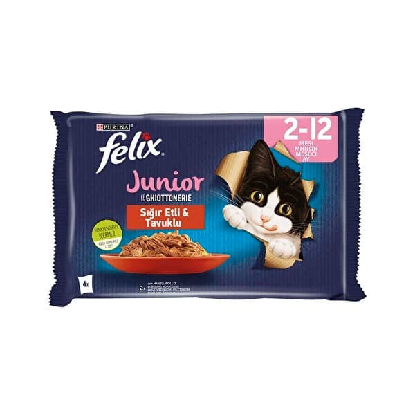 Ürün görseli: Felix Yaş Yavru Kedi Maması Multipack Junior Sığır Etli ve Tavuklu 4x85 gr