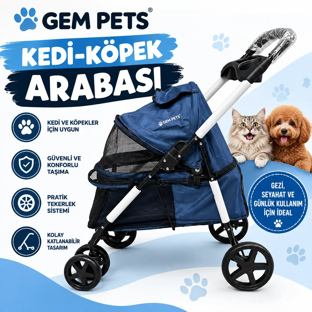 Ürün görseli: GEM PETS Kedi-Köpek Arabası – Konforlu ve Pratik Pet Taşıma Arabası