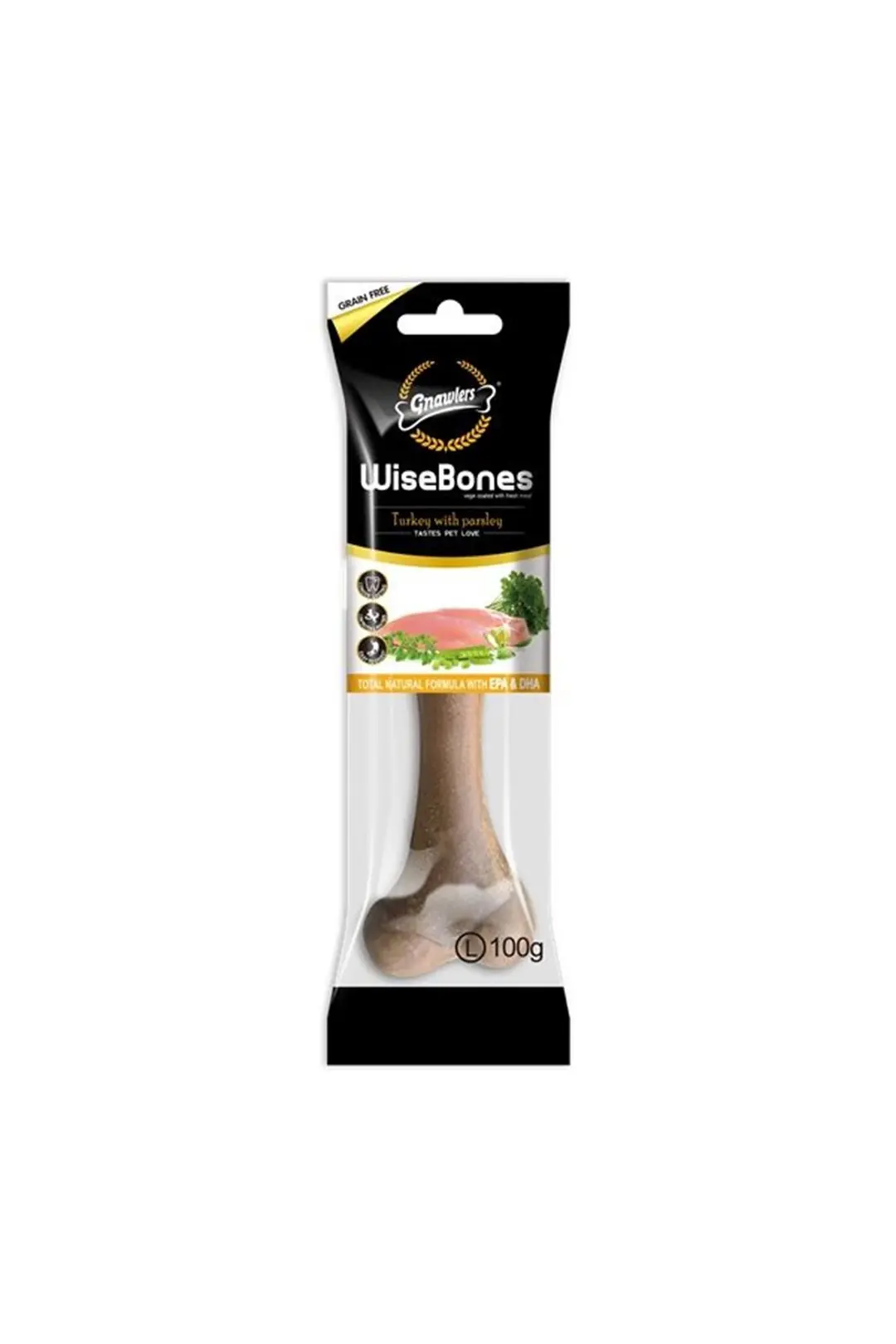 Ürün görseli: Gnawlers Wise Bone Hindi ve Maydonozlu Köpek Ödül Kemiği 100gr [L]