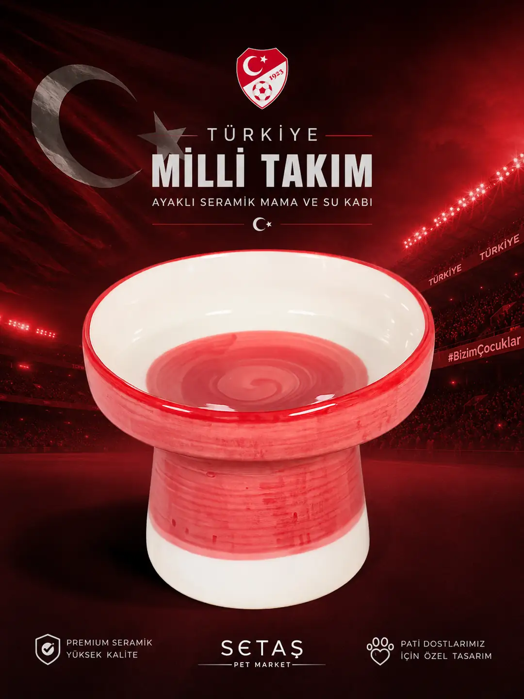 Ürün görseli: Kırmızı Beyaz Ayaklı Seramik Mama Kabı – Türkiye Taraftar Serisi