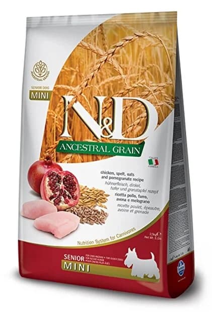 Ürün görseli: N&D Ancestral Grain Düşük Tahıllı Senior Tavuklu ve Narlı 2.5 kg Küçük Irk Yaşlı Köpek Maması
