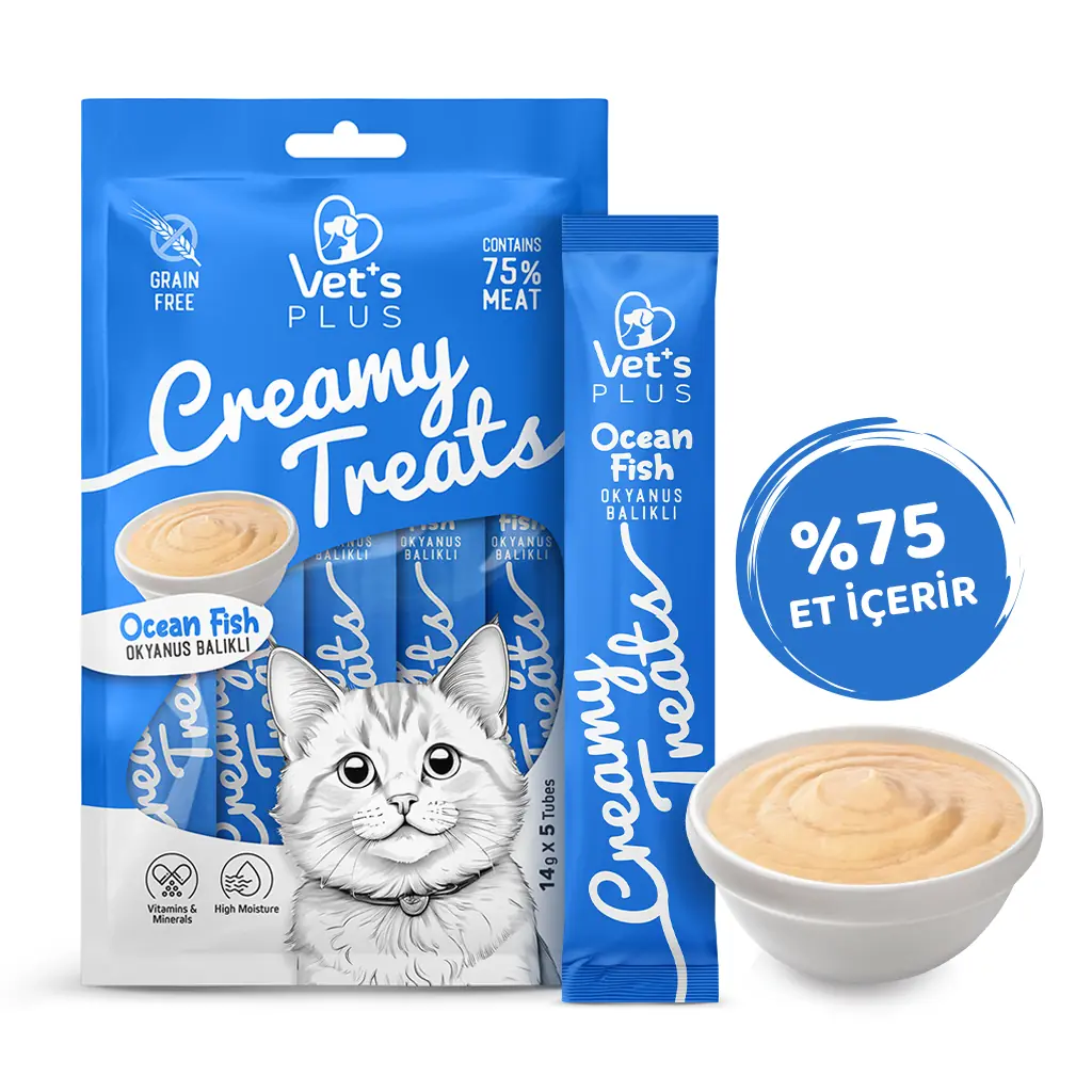 Ürün görseli: Vet's Plus Okyanus Balıklı Krema Kedi Ödül Maması 14gr (5'li)