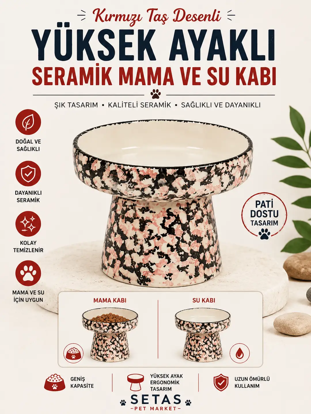 Ürün görseli: Kırmızı Taş Desenli Yüksek Ayaklı Seramik Mama ve Su Kabı