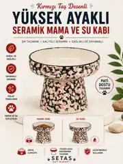 Kırmızı Taş Desenli Yüksek Ayaklı Seramik Mama ve Su Kabı