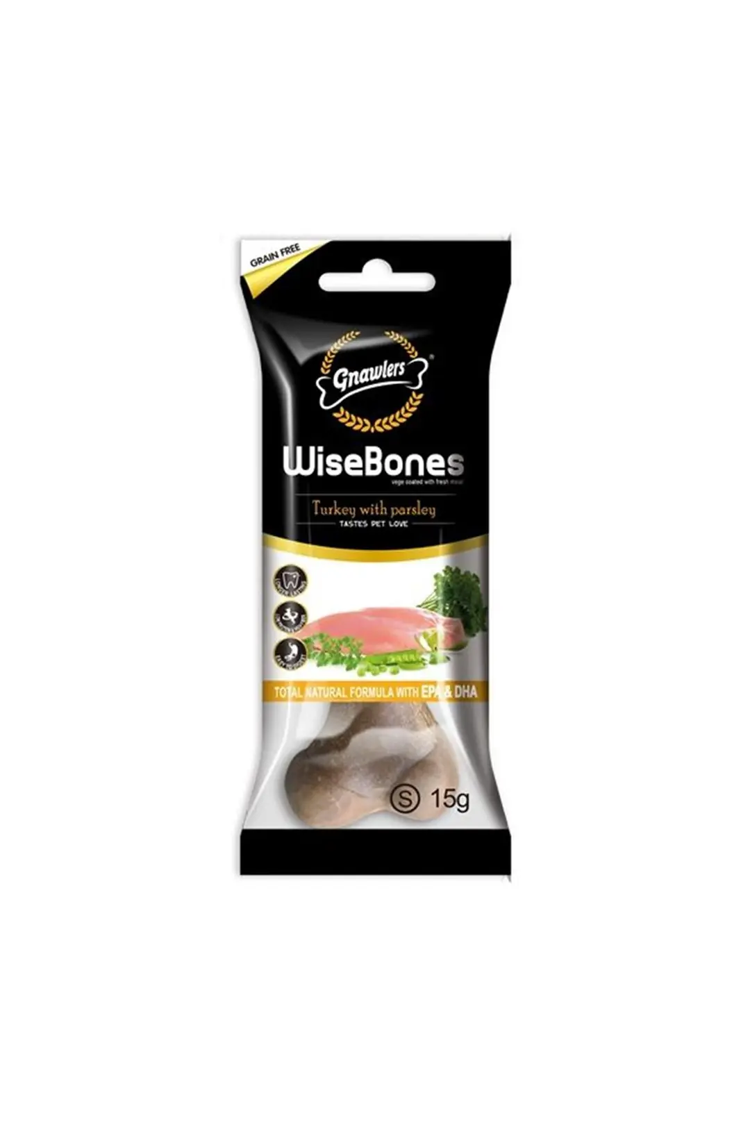 Ürün görseli: Gnawlers Wise Bone Hindi ve Maydonozlu Köpek Ödül Kemiği 40gr [S]