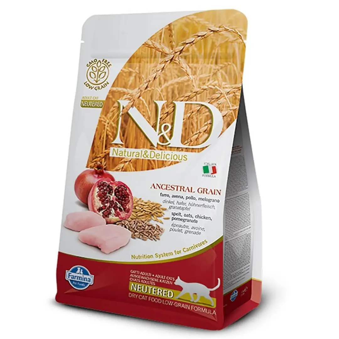 Ürün görseli: N&D Düşük Tahıllı Tavuklu ve Narlı 1.5 kg Kısırlaştırılmış Yetişkin Kedi Maması