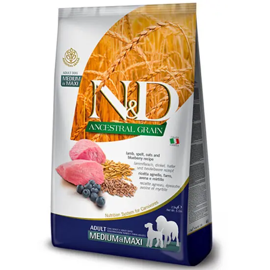 Ürün görseli: N&D Ancestral Grain Düşük Tahıllı Kuzu Etli ve Yaban Mersinli 12 kg Orta Büyük Irk Yetişkin Köpek Maması