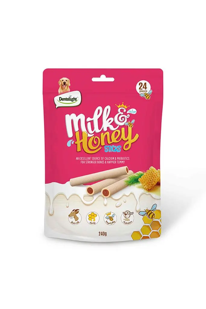 Ürün görseli: Dentalight Milk & Honey Sticks Sütlü ve Ballı Köpek Ödül Çubuğu 240 Gr