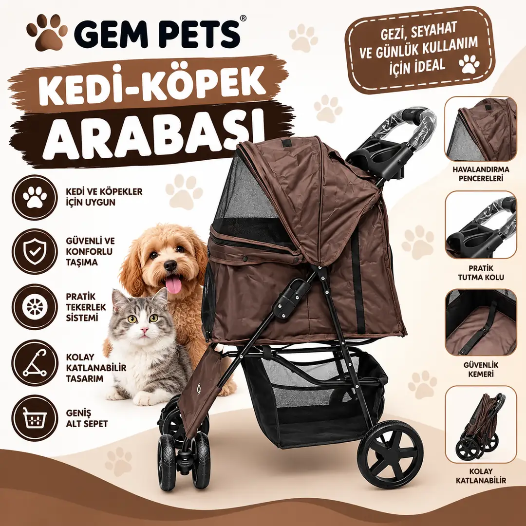 Ürün görseli: GEM PETS Kedi-Köpek Arabası – Geniş Kabinli Tekerlekli Pet Taşıma Arabası