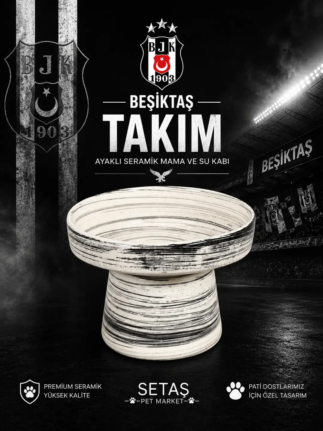 Ürün görseli: Siyah Beyaz Ayaklı Seramik Mama Kabı – Beşiktaş Taraftar Serisi
